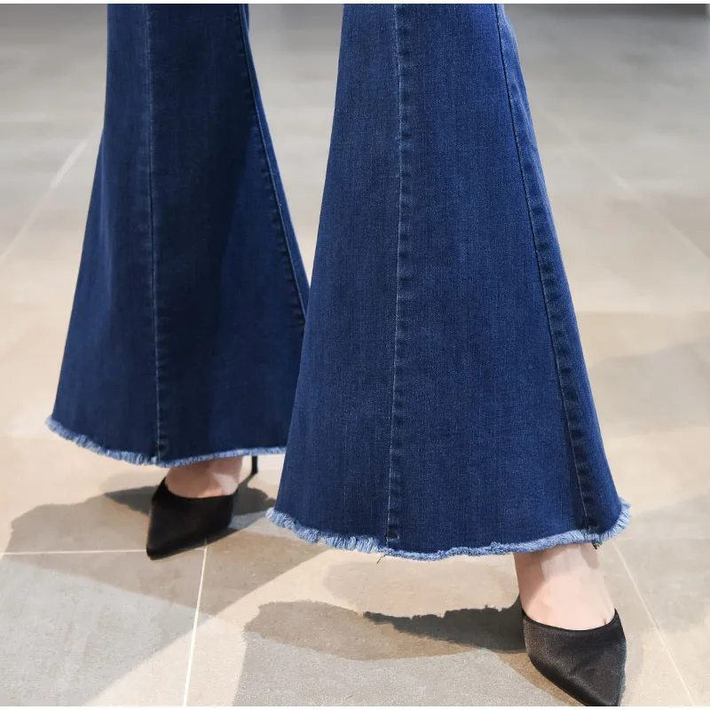Длинные женские джинсы размера плюс, темно-синие, с большими колокольчиками, 3Xl, 7Xl, весенние, широкие, с кисточками, с бахромой, стрейчевые, обтягивающие, расклешенные джинсы