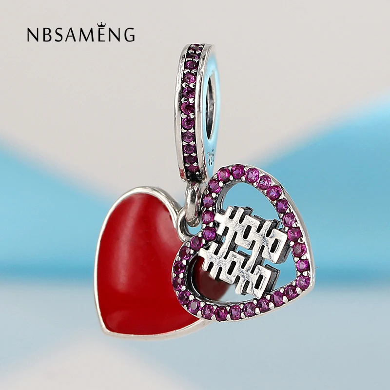 

New 925 Sterling Silver Bead Charm Red Enamel Double Happiness Heart With Crystal Pendant Beads Fit Pandora Bracelet Diy Jewelry