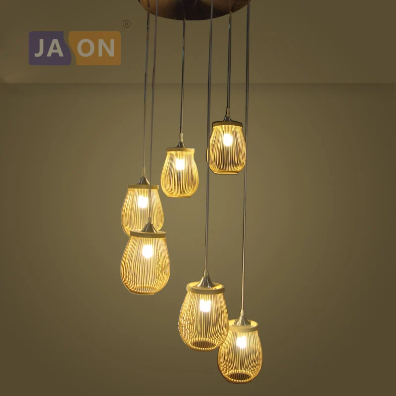 Led e27 китайская бамбуковая железная люстра ручной работы освещение Люстра подвеска лампа для лестницы фойе отель