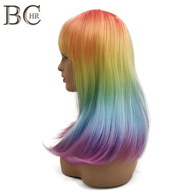 Peluca recta de Color arcoíris de 18 pulgadas BCHR para mujer peluca sintética con Peluca de Cosplay de explosión plana envío gratis Peluca recta de Color arcoíris de 18 pulgadas BCHR para mujer peluca sintética con Peluca de Cosplay de explosión plana envío gratis