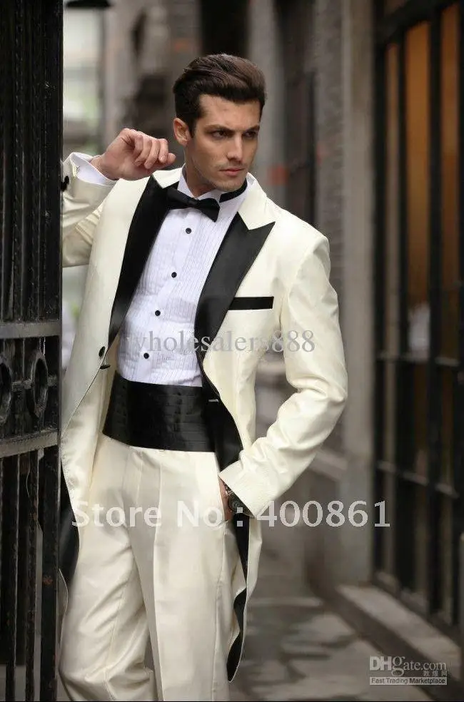 Hot Selling Ivory Groom Tuxedos Peak Lapel Tailcoat Best Men Suits (Jacket+Pants+Tie+Girdle+) G635 | Мужская одежда