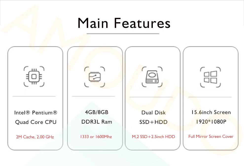 AMOUDO 15,6 inch 8 Гб Оперативная Память 500 Гб/1 ТБ HDD Intel 4 ядра Процессор 1920X1080 P FHD Win7 Win10 Офис Дом школа ноутбук Тетрадь компьютер