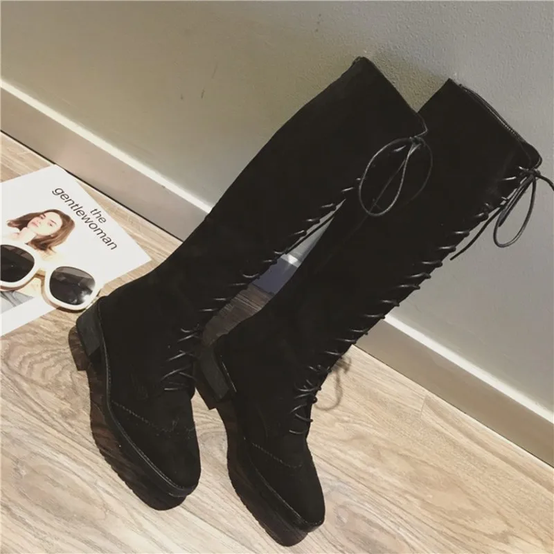 COOTELILI Fashion Knee High Boots For Women Rubber Shoes Women Lace-Up Brogue Boots Women 35-39 (5)