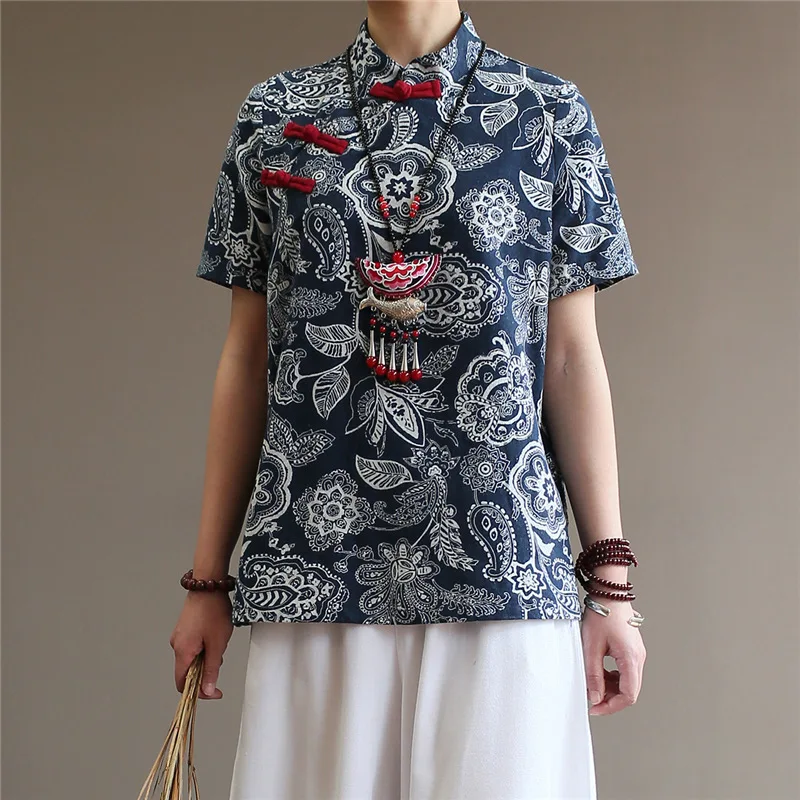 Johnature, женские рубашки в китайском стиле, хлопковые льняные блузки со стоячим коротким рукавом, лето, новые винтажные синие рубашки с цветочным принтом