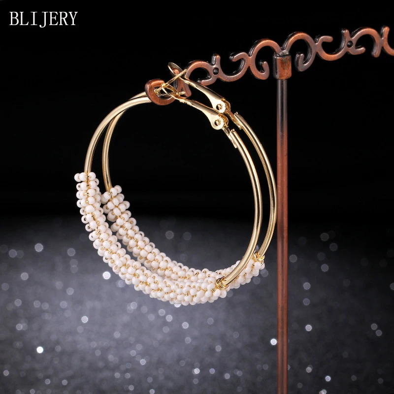 

BLIJERY 2019 New Fashion Gold Color Beaded Hoop Earrings Statement Big Circle Earrings for Women Punk Jewelry Boucles d'oreilles