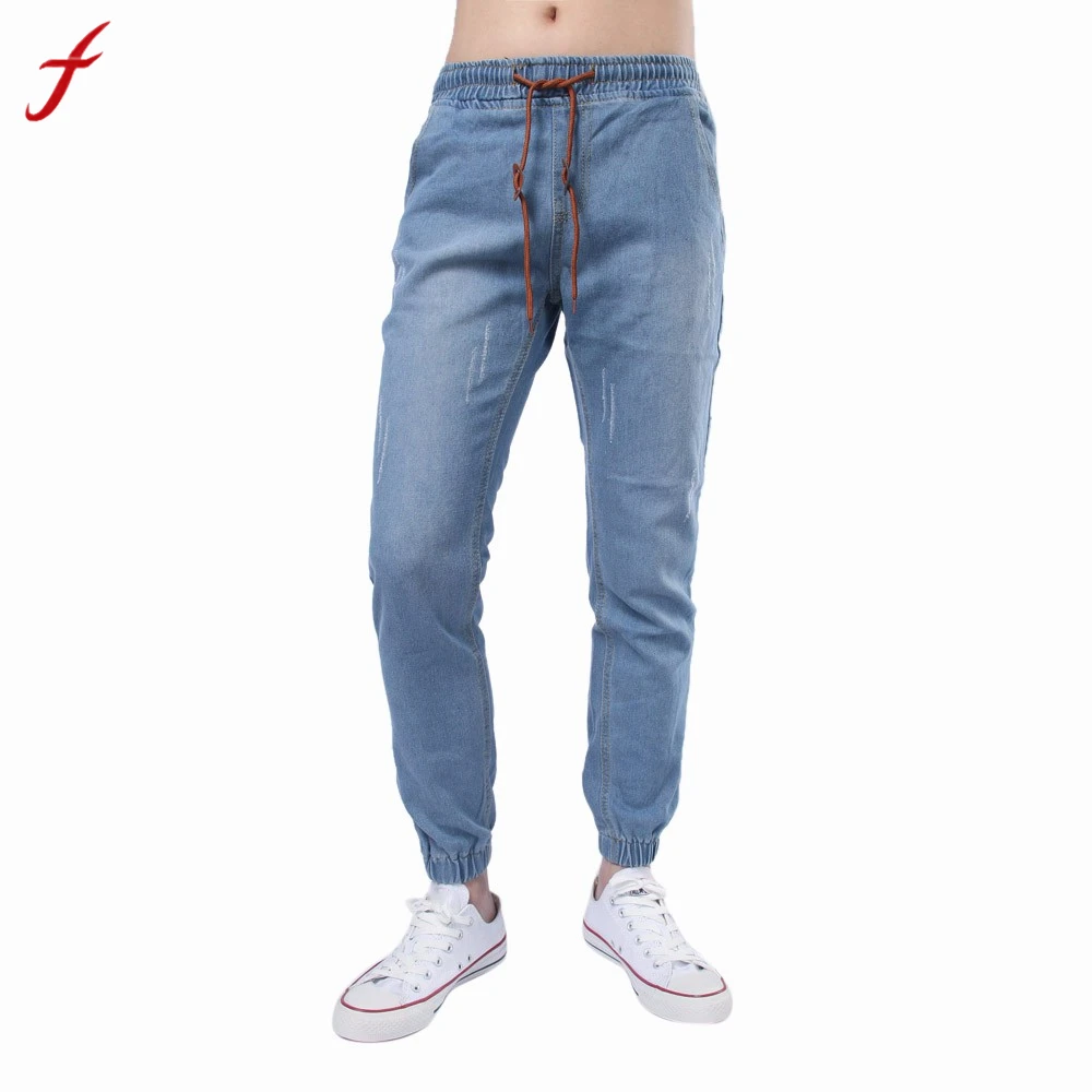 Men's Jeans Drawstring Tight Cuffs Vintage Comfy Denim Pant in Skinny