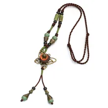 Hot Vintage Jewelry Unique Ethnic Long Rope Necklace Pendant Ceramic Bronze Butterfly Necklace Boho Femme Collier Women Dress
