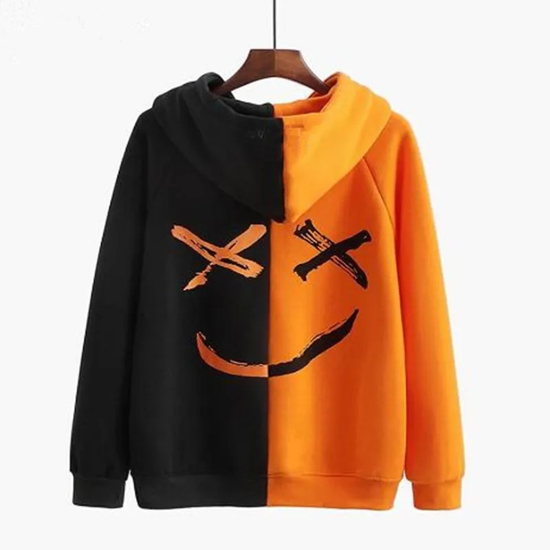 

Hot 2018 Men Clothes Hoodies Sweatshirts Autumn New Smiley Print Two-color Stitching Casual Coat Hooded Sweatshirts Men NW05