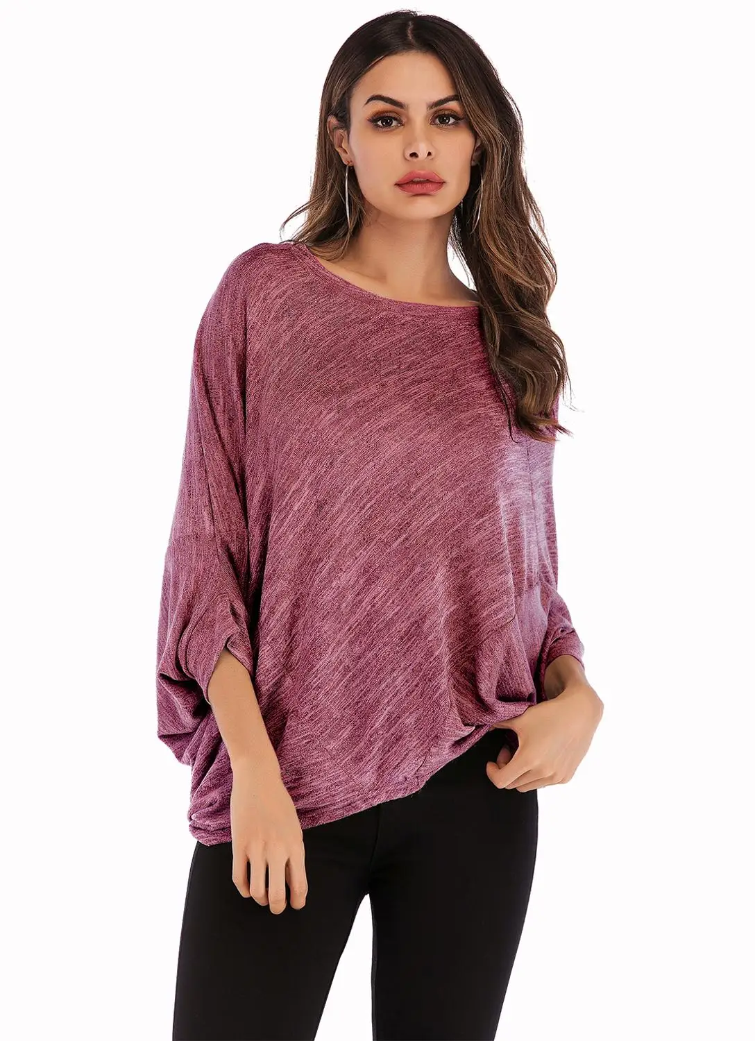 

Women Spring Autumn Large Size Tops Round Neck Loose Bat Sleeve Shirt