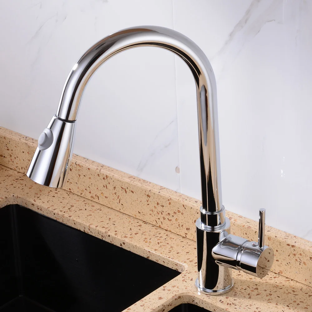  360 Degree Swivel Pull Out Kitchen Faucet Chrome Solid Brass One Handle Mixer Sink Tap Hot and Cold - 32829137989