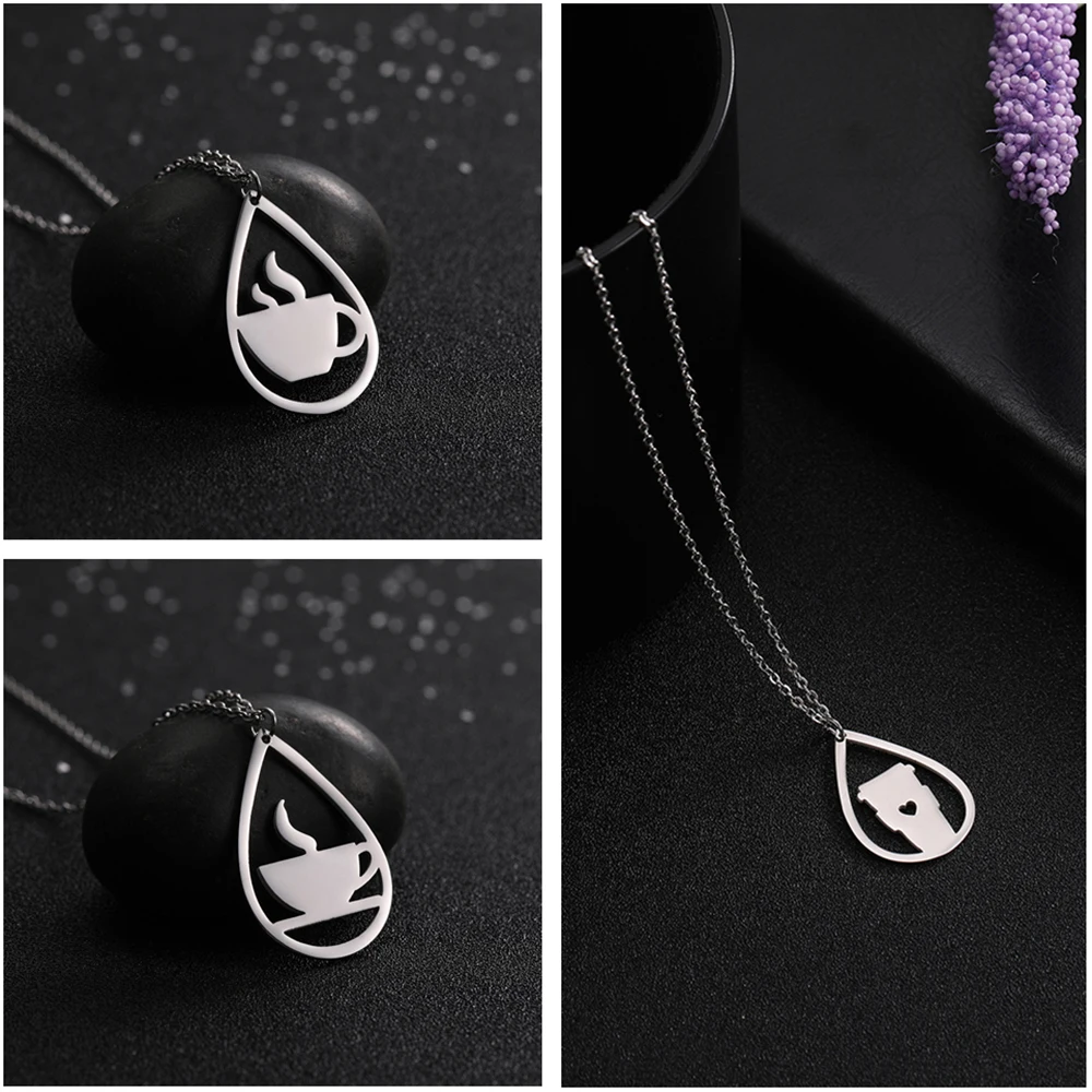 

Teamer High Qulity Stainless Steel Chokers Necklace Femme Fashion Hollow Heart Coffee Cup Water Drop Pendant Necklace for Women