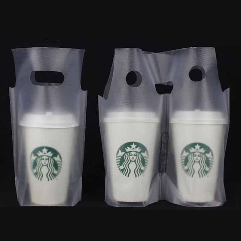 100 Pack Clear Plastic Bags 2 Cup Beverage Carrier Drink Holder Up to 32oz Disposable for Delivery Take Out by Mujoiny