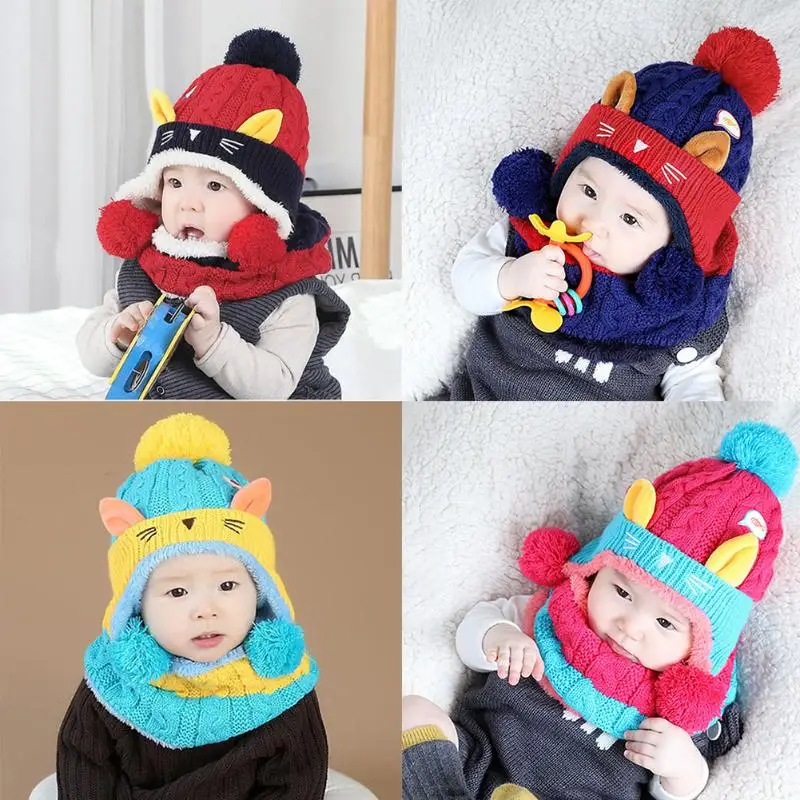 2 قطعة/المجموعة أزياء لطيف أرنب الطفل الخريف الشتاء مرونة جيدة الدافئة محبوك قبعة + وشاح الخريف الشتاء آذان كاب