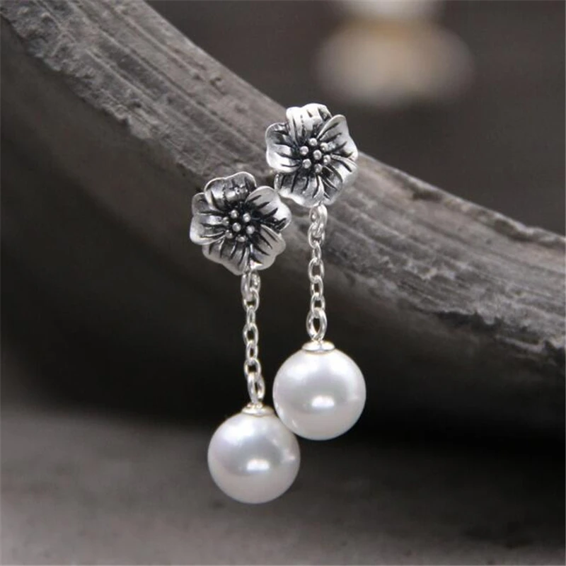 

2018 New Coming Lovely Shell Pearl Drop Earrings 925 Sterling Silver Flower Long Dangle Earrings for Women