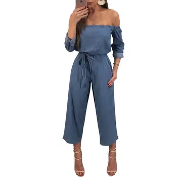 

2018 Hot fashion women blue jumpsuits long sleeve bandage rompers wide leg sexy off the shoulder female overall holiday casual