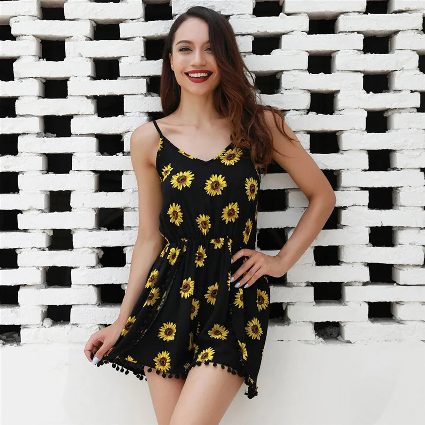 

MAXIORILL Summer Women Casual Sunflower Print Sleeveless Camisole Playsuit Jumpsuit Romper combishort femme Y*