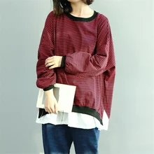 Женские полосатые футболки, хлопок, повседневные, Осенние, новинка, o-образный вырез, длинный рукав, имитация двух частей, женская одежда размера плюс, футболки