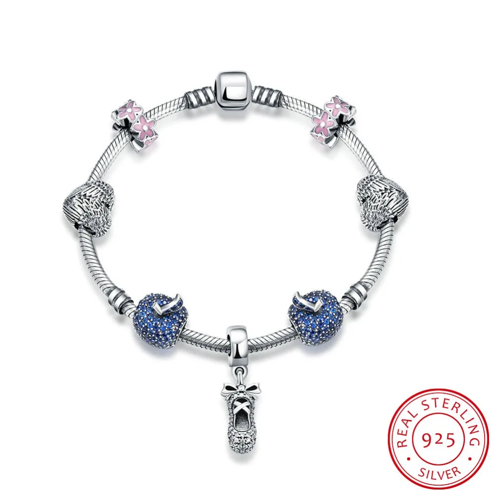 

925 Sterling Silver Bracelets for Women 2016 Jewelry Apple & Heart Beads Bracelet with Zirconia Butterfly Shoe Charm Pendants