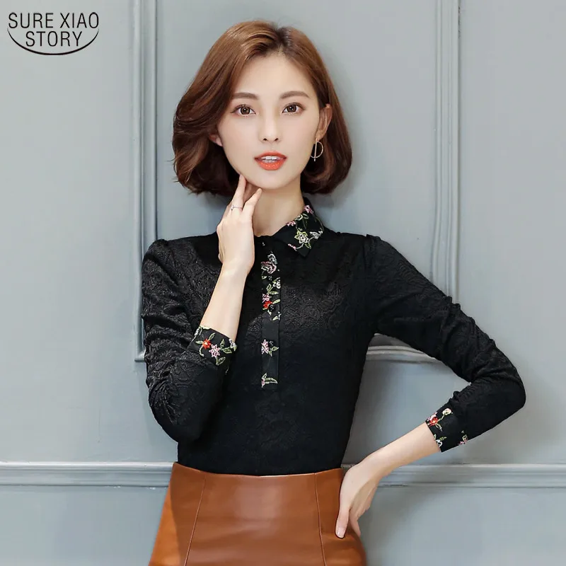 Новое поступление 2017 Корейская весна и осень с длинными рукавами женская блузка тонкая женская универсальная кружевная Повседневная