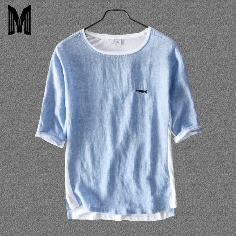 Men Cotton Linen Short Sleeve Tshirts White Small Fish Embroidery T Shirt Casual O-Neck Man Tees Y1702