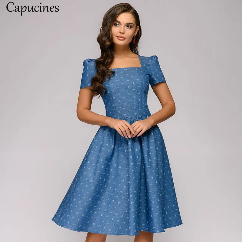 Vintage Square Collar Print Dress Women Summer Puff Sleeve Slim A-Line Elegant Party Dresses Casual Short Sleeves Female Vestido - Color: Blue