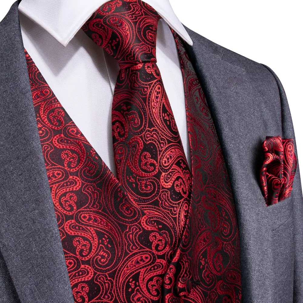Offerte DiBanGu Rosso Nero Paisley Uomini Cerimonia Nuziale di Modo 100% di Seta Gilet Gilet Cravatte Hanky Gemelli Cravatta Set per il Vestito Smoking MJTZ 106