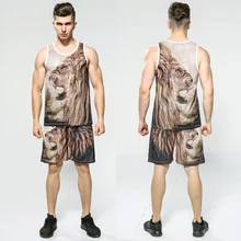 2019 Men Brand 3D Animal Lion Print Tracksuit Summer 2PC Sleeveless Tank Top Short Set Mens Fashion 2 Pieces Vest Shorts set
