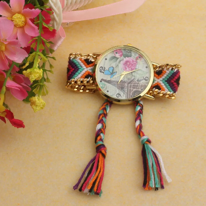 

Women Watch Eiffel Tower Flower Butterfly Pattern Dial Weaved Rope Strap Bracelet Quartz Wrist Watch relojes de mujer zegarki