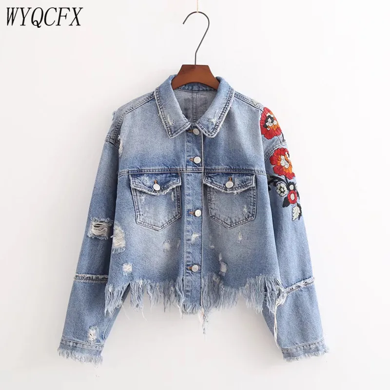 

2019 Fashion Short Denim Jacket Women Loose Ripped Holes Floral Embroidery Jeans Coats Spring Autumn Lady Tassel Cowboy Outwear