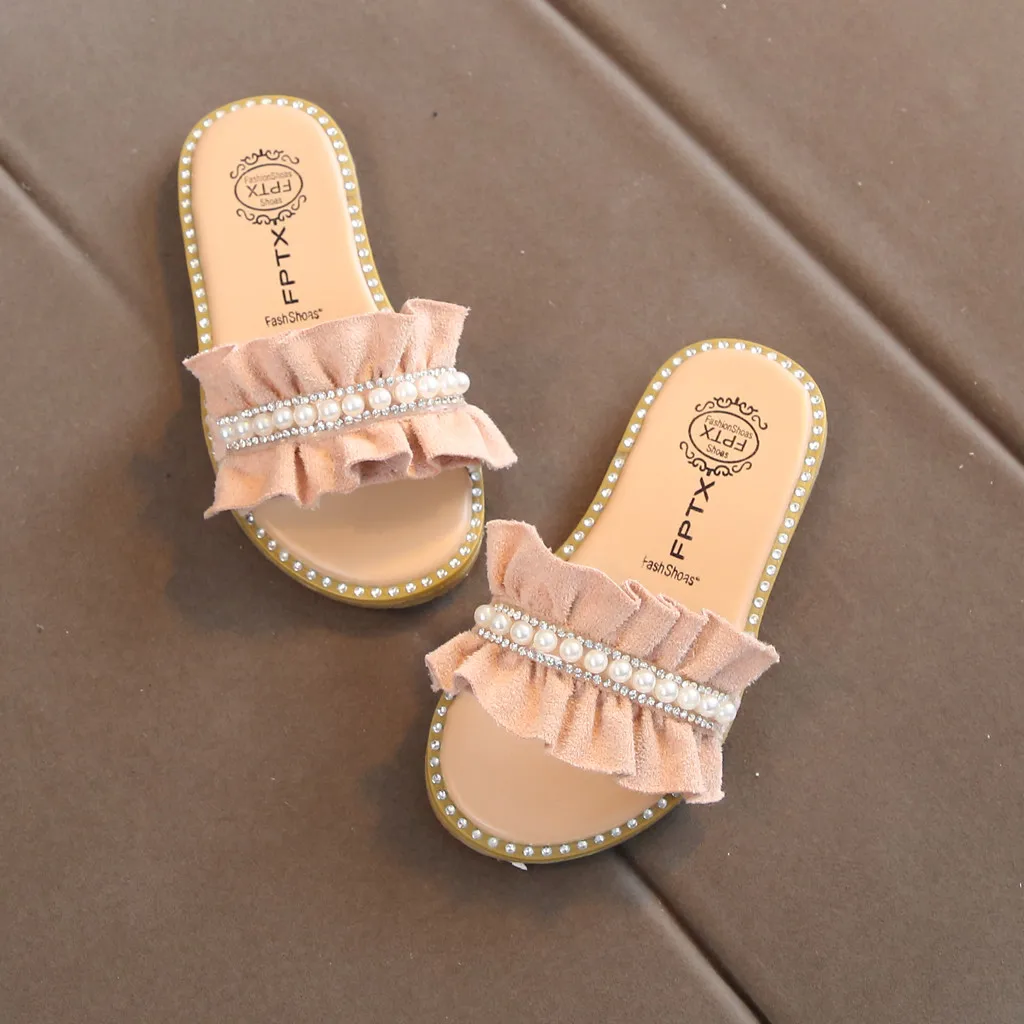 Милые летние детские тапочки для девочек; детская обувь для девочек с жемчугом и кристаллами; обувь для принцессы сандалии; домашние тапочки;# XTN