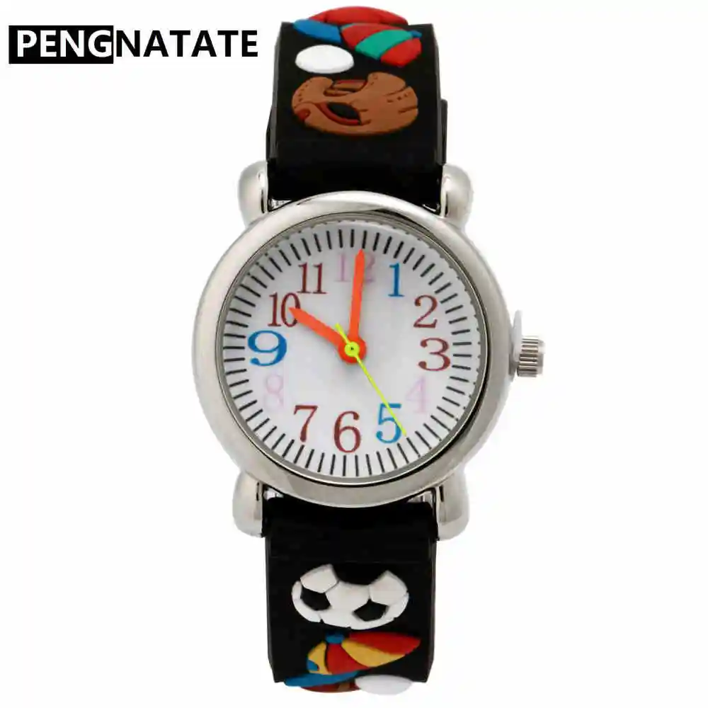 Черный PENGNATATE детские часы для мальчиков зеленый 3D мультфильм футбол силиконовый браслет наручные часы модные водостойкий ремешок Детские часы подарок - Цвет: Черный