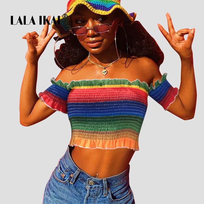 LALA IKAI Ins Slash Neck Cropped Top Women Rainbow Printed T-Shirts Female Sexy Off The Shoulder Chic Ladies Tee SWA1284-47 | Женская