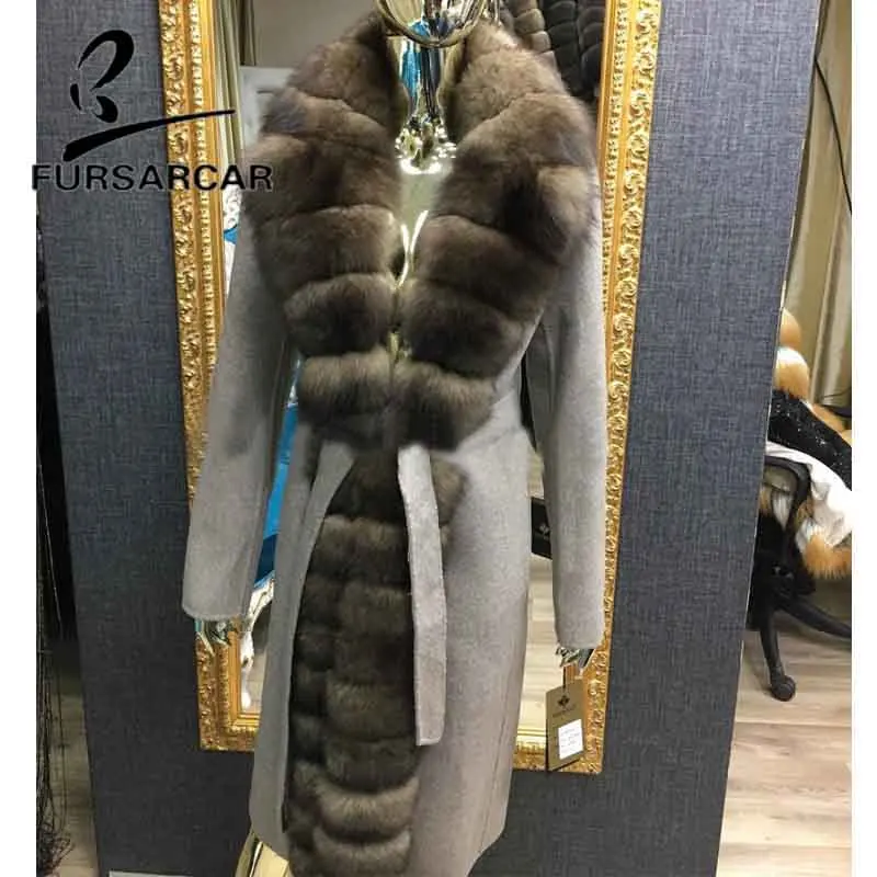 FURSARCAR New Fashion Real Fur Coat Women With Long Fox Fur Collar Winter Warm Luxury Wool Skin Fur Jacket 110 Cm Long Fur Coat