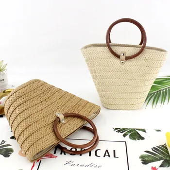 

New style ring handle straw bag bucket bag handmade woven casual beach handbag