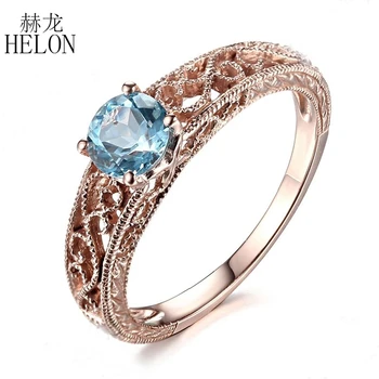 

HELON Solid 10K Rose Gold Round 0.63ct Natural Blue Topaz Engagement Wedding Ring Women Gemstone Vintage Antique Style Jewelry