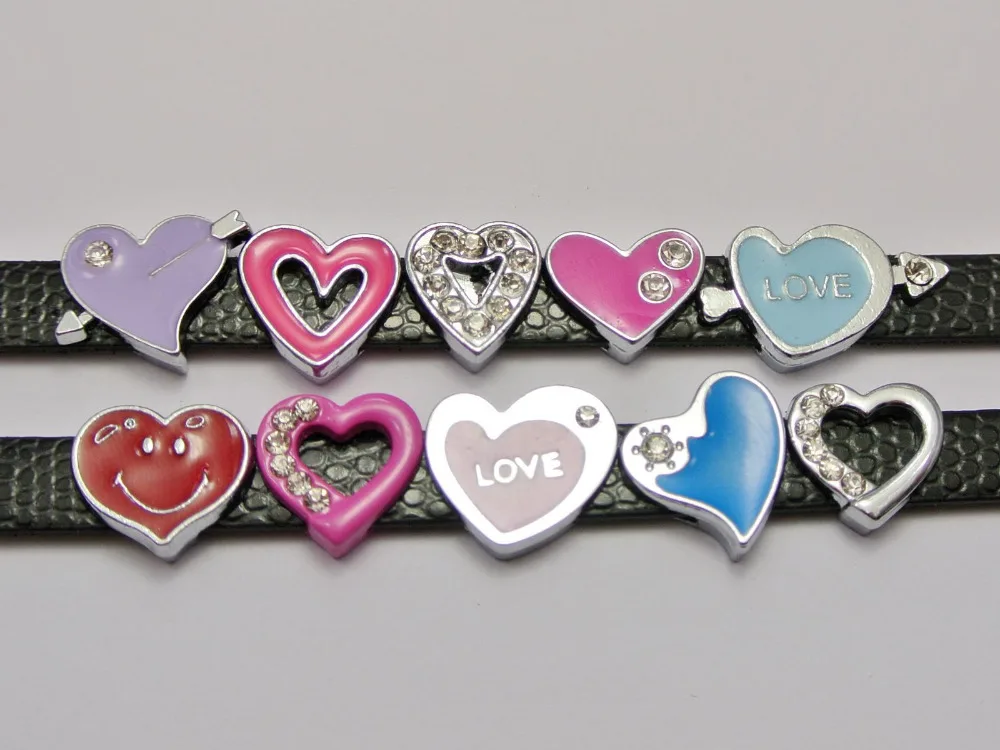 

10 Assorted Alloy Enamel Rhinestone Heart Slide Charm Fit 8mm Wristband