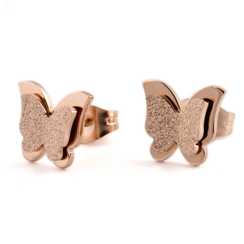 Girl Fashion Titanium Steel Butterfly Stud Earring Stereo Scrub