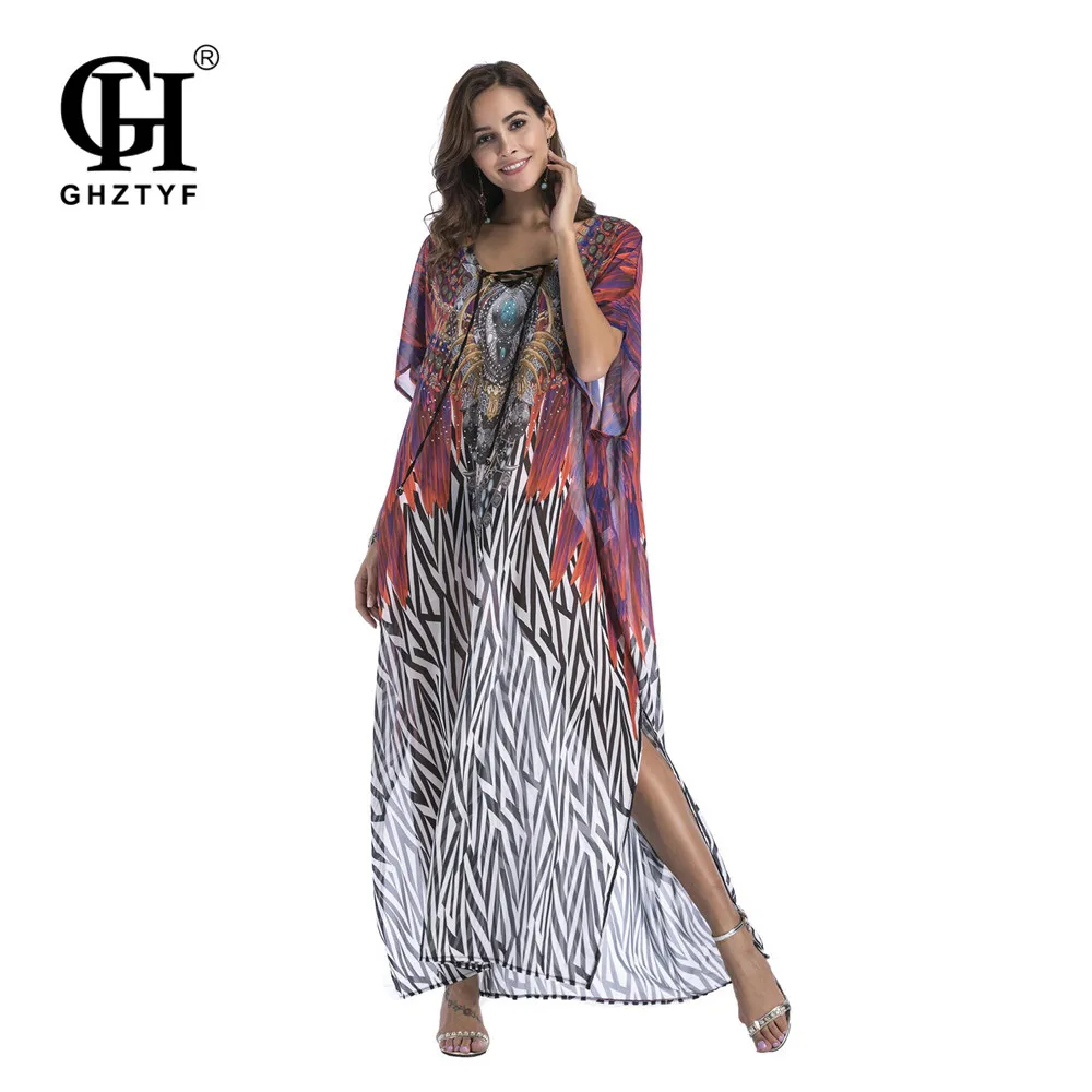 

GHZTYF Long Dress Women Bohemian Print Short Sleeve Loose Plus Size Robe Femme Summer Beach Boho Dresses Vestidos