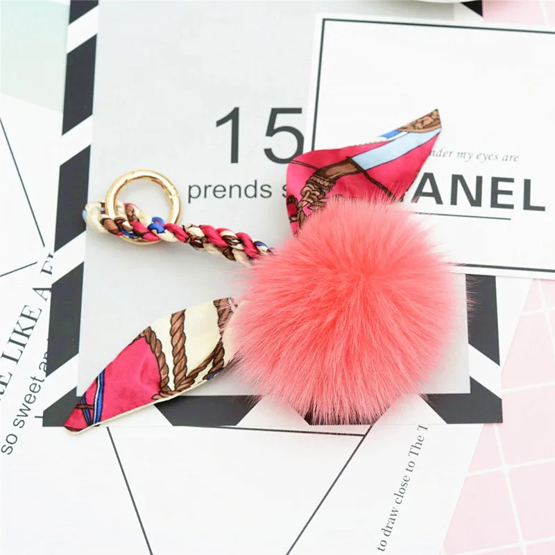 

Felyskep Fashion Real Fox Fur Pompom Ball Keychain with Cloth Knot Cool Bag Gifts Key Ring For Women 265WA