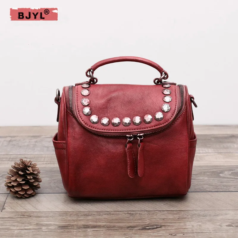 

BJYL Handmade rivets imported Genuine leather Women handbags Female Retro shoulder bag soft leather messenge Bags