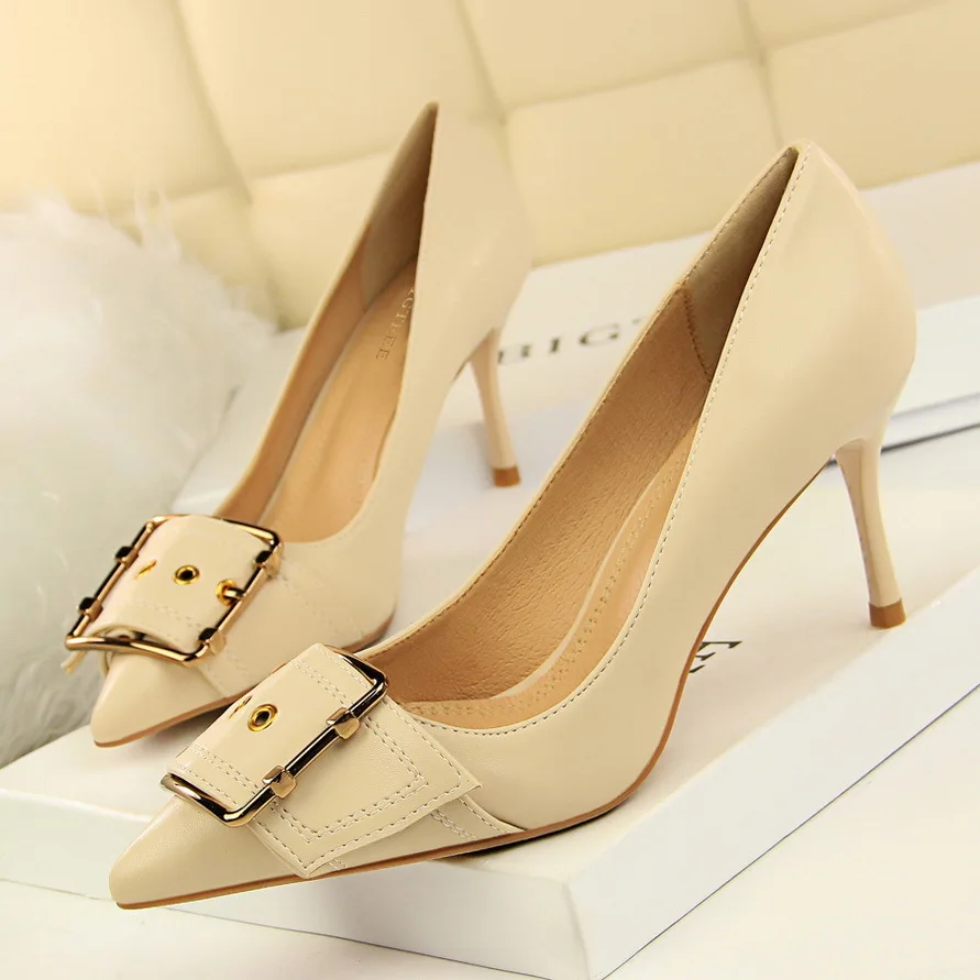 

Sandales Femme Metal Belt Buckle Women's Office Shoes Fashion Patent Leather Women Pumps Pointed Toe High Heels Shoes Shallow