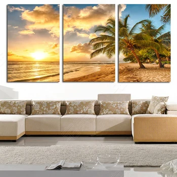 

Canvas Painting Living Room Decor 3 Pieces Sunset Beach Wave Coconut Trees Seascape Poster Wall Art HD Prints Pictures Framework