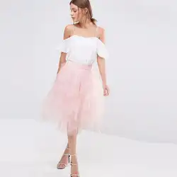 Новый Дизайн светло-розовый Тюлевая юбка широкий Эластичность Талия по колено оборками многоуровневого юбка индивидуальный заказ Модные