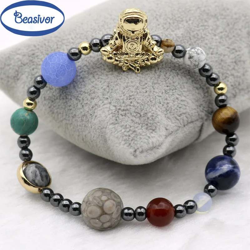 

Spaceman Galaxy 9 Planets Solar System Gold color Astronaut Bracelets Meditation Universe Men Bracelets Bangles