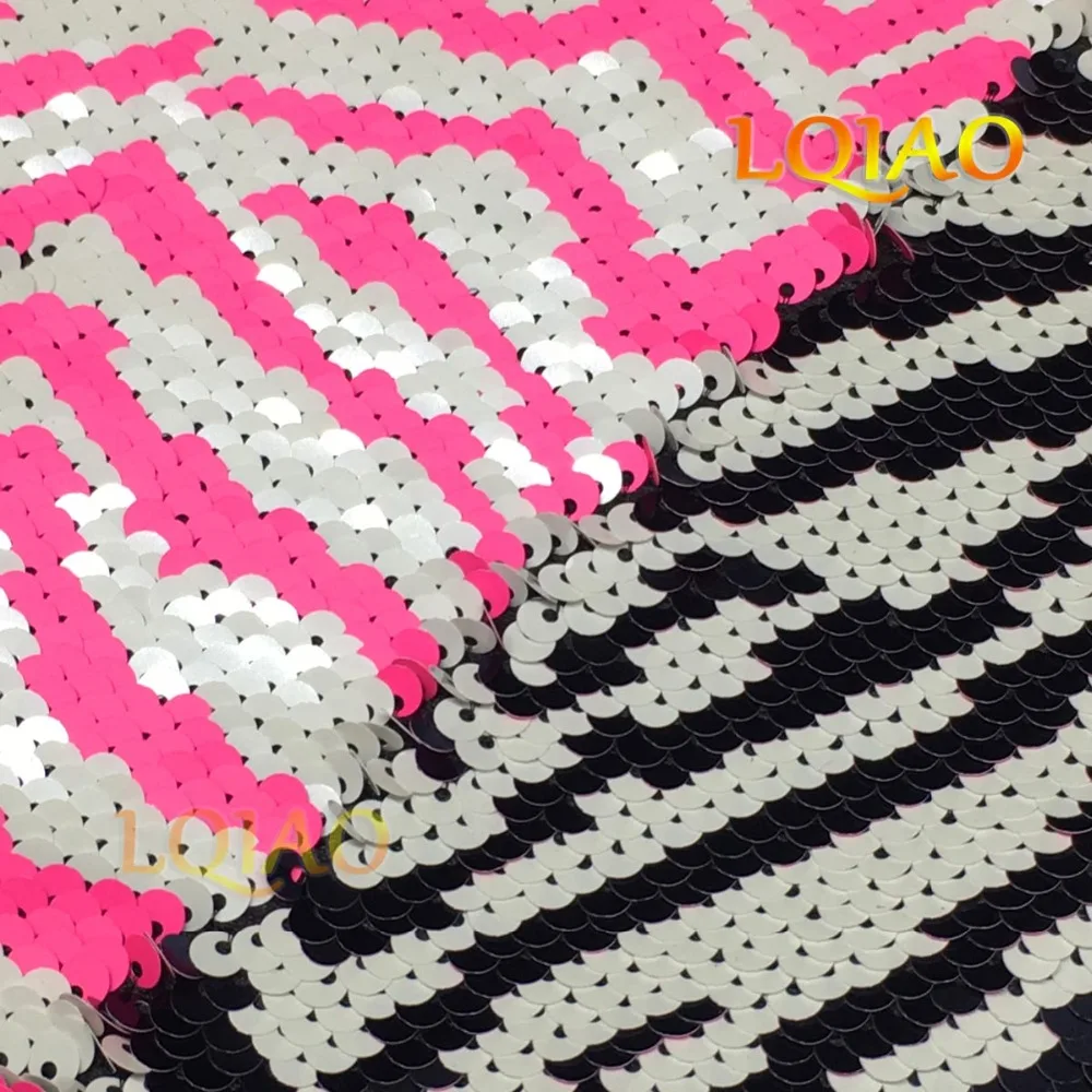Zebra White Neon Pink Reversible Sequin Fabric 04