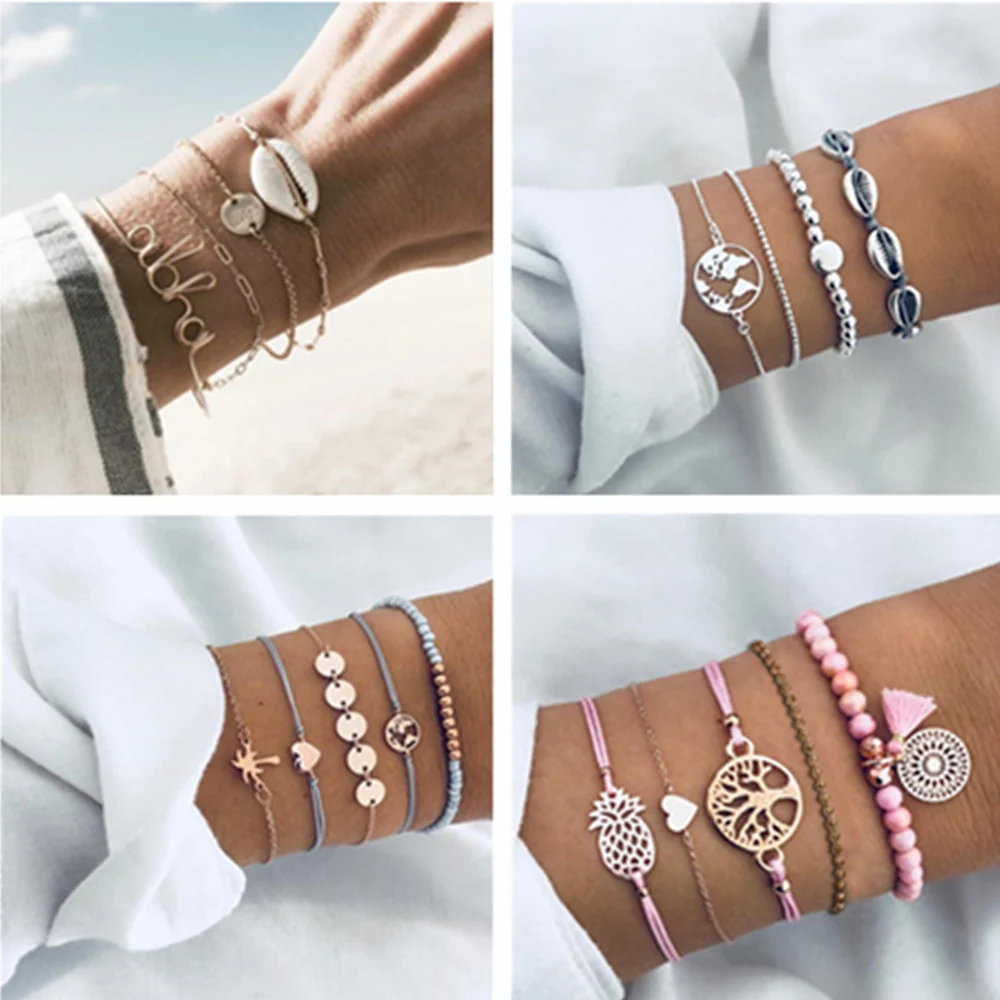 5Pcs//Set Fashion Women Boho Heart Hollow Tree Beads Bracelet Bangle Bijoux