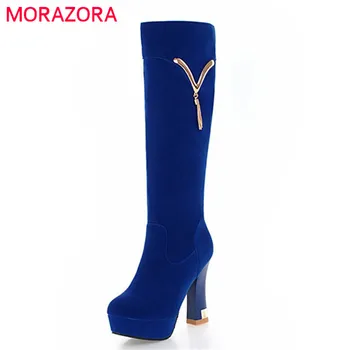 

MORAZORA 2020 new arrival knee high boots women top quality flock autumn winter platform boots zipper elegant high heels shoes