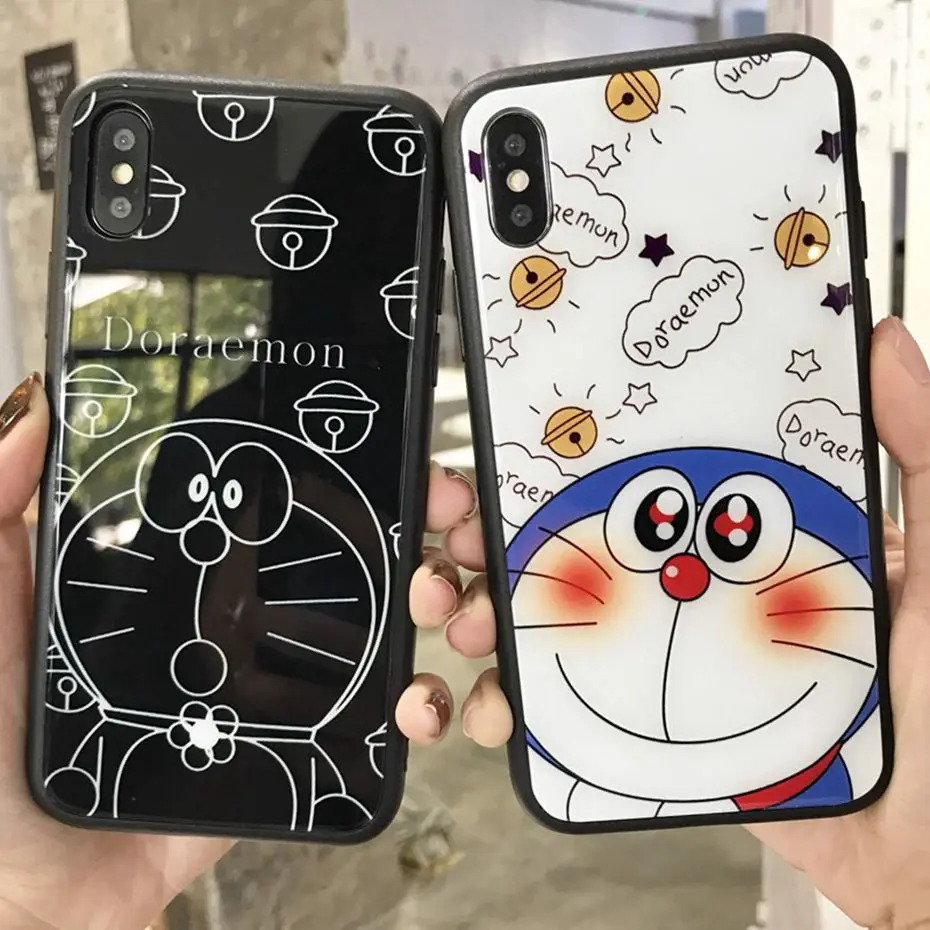 

For iphone 7 case Doraemon For iPhone X Cover 7 8 6 6s plus TPU Back Cover +Tempered glass for iphone 6S case shell coque capa