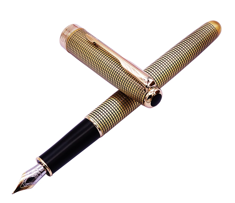 

Jinhao 16 Fashion Golden Metal Fountain Pen, Beautiful Grid Patterns with Converter Gift Pen for Office Business Home School