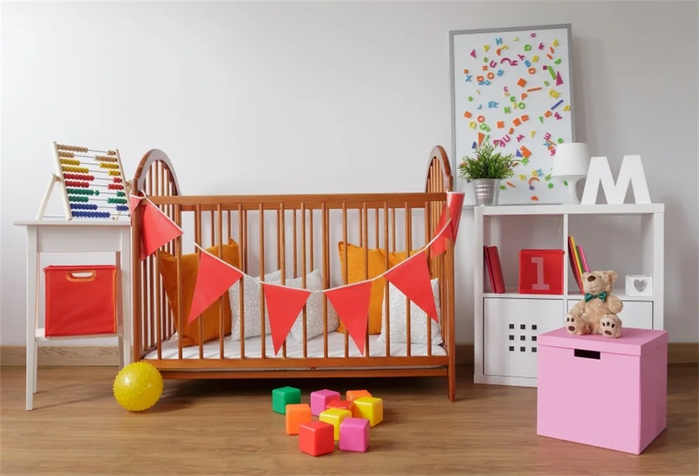 

Laeacco 1 Year New Born Room Crib Toys Baby Shower Photographic Backgrounds Customized Photography Backdrops For Photo Studio